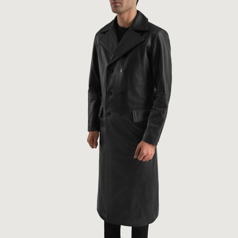 Mens Delmar Black Leather Double Breasted Coat Side Pose-3-1700478954225